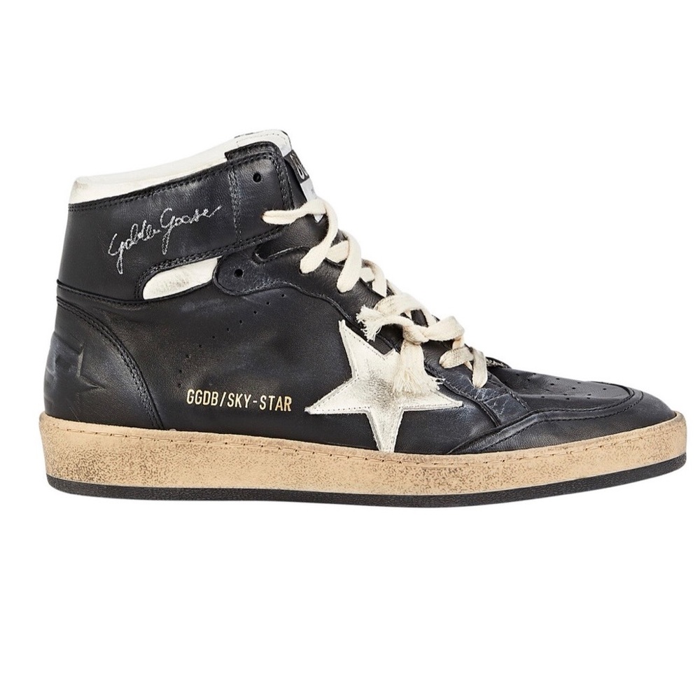 Womens Golden Goose Sky Star Leather High-Top Sneakers Black Size 38/ UK 5